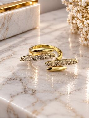 Gold Filled Adjustable Double-Open Cuff Ring with Pavé Accents